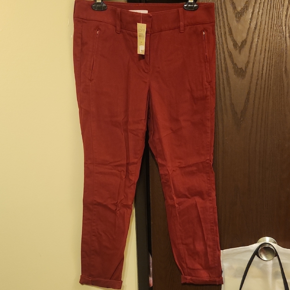 Ann Taylor Red Cropped Ankle Pants with Textured Finish